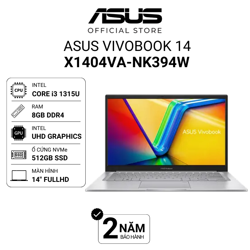 Laptop Asus Vivobook 14 X1404VA-NK394W Core i3-1315U | 14" FHD | 8GB | 512GB | Intel UHD | Win11 Bạc