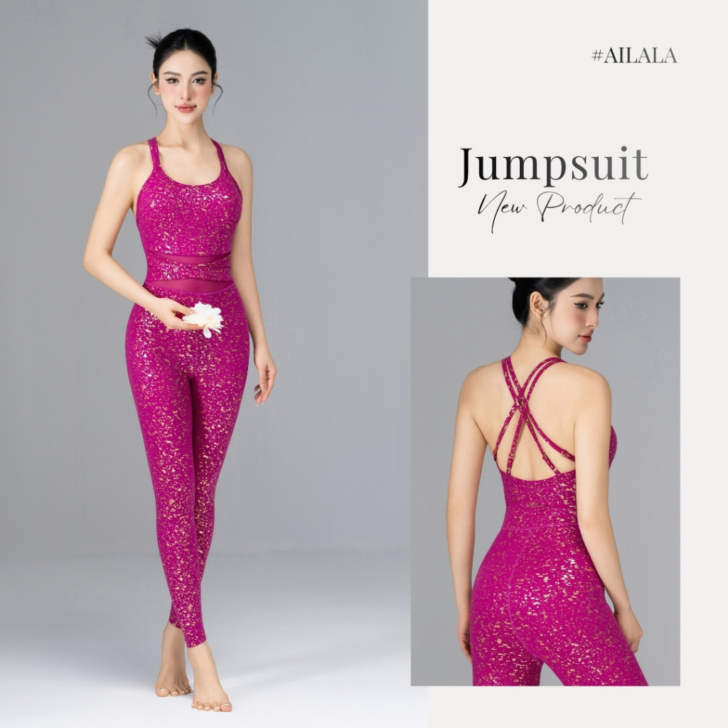 Jumpsuit Thể Thao Tập Yoga Gym AiLALA LUX08, Đồ Tập Liền Thân Sẵn Đệm Ngực, Họa Tiết Ánh Kim