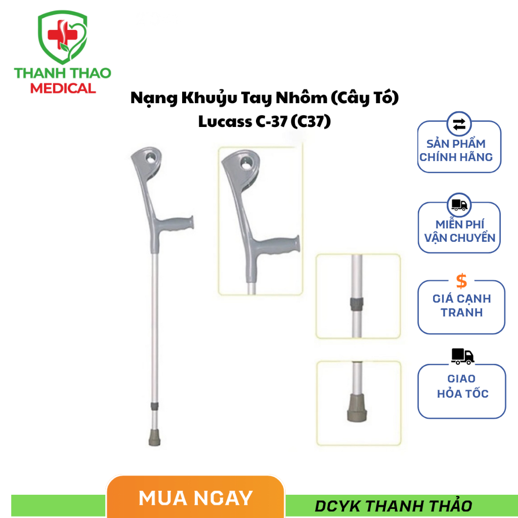 Nạng Khuỷu Tay Nhôm (Cây Tó) Lucass C-37 (C37) | Cao Cấp - Tăng Giảm Chiều Cao