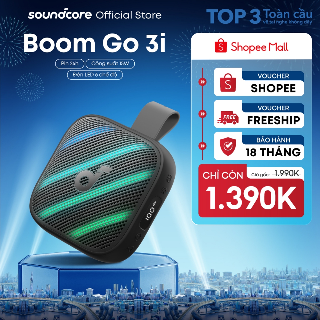Loa bluetooth Soundcore Boom Go 3i | Pin 24h | Công suất 15W | Đèn LED 6 chế độ | BigBuy360 - bigbuy360.vn