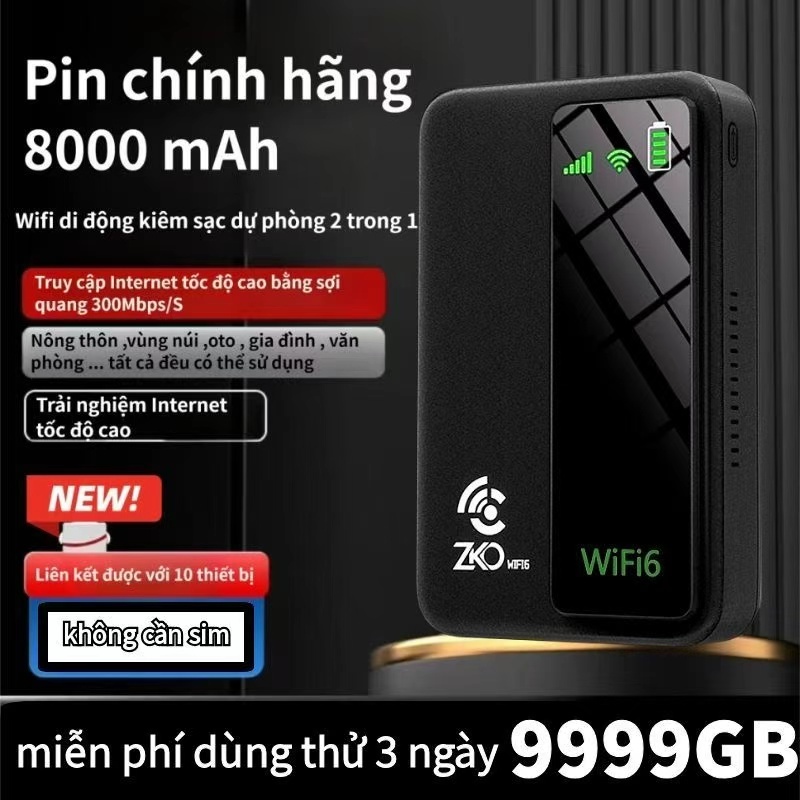 Cục phát wifi từ sim kiêm pin sạc dự phòng 8000mAh zkowifi, bộ phát wifi di động tốc độ cao 300Mbps Tất Cả Nhà Mạng 2