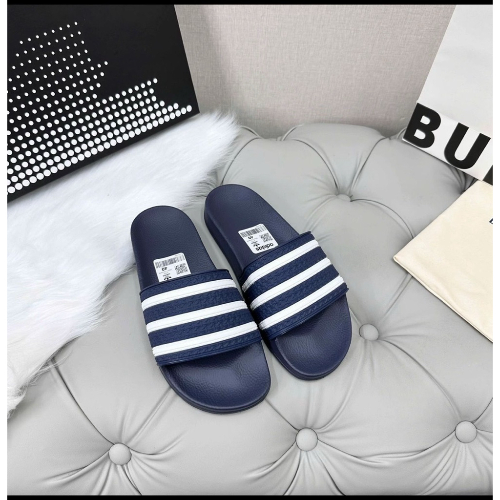 Dép Quai Ngang ADIDAS 3 Sọc Trắng Đen Nam Nữ Đế Cao Su Đúc