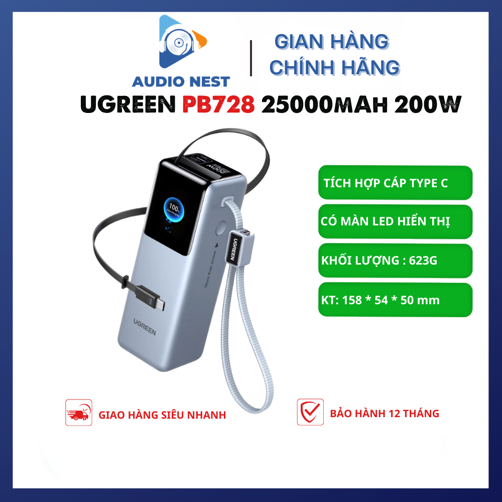Sạc UGREEN PB728 25000 mAh 200W Tích Hợp Dây Type C - Bảo Hành 12 Tháng