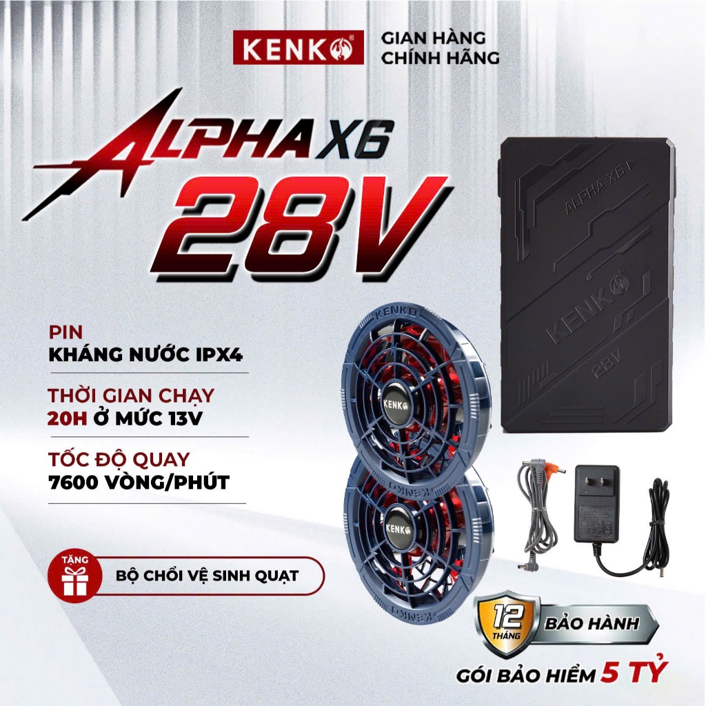 Bộ phụ kiện pin quạt KENKO ALPHA X6 28V phiên bản 2025, quạt khỏe chạy liên tục 5-16 tiếng, bảo hành