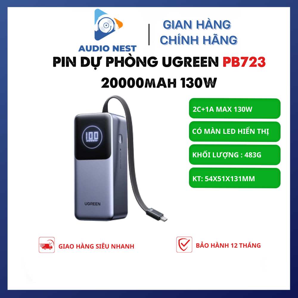 Sạc UGREEN PB723 20000 mAh 130W Tích Hợp Cáp - Bảo Hành 12 Tháng