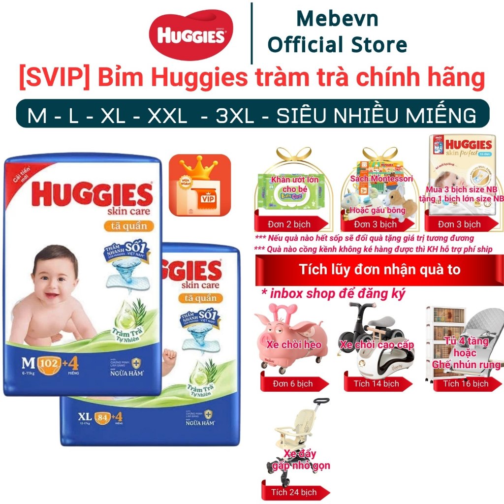 [SVIP] Bỉm Huggies Tràm Trà Chính Hãng, Huggies tràm trà siêu nhiều miếng đủ size M/L/XL/XL/XXL/XXXL