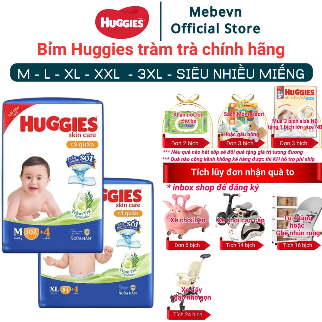 Bỉm Huggies Tràm Trà Chính Hãng, Huggies tràm trà siêu nhiều miếng đủ size M/L/XL/XL/XXL/XXXL