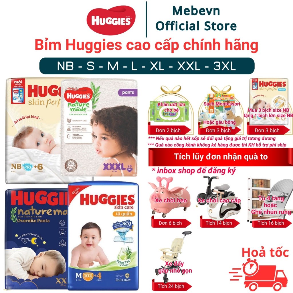 [FBS] Bỉm Huggies Skin Perfect & Huggies Tràm Trà, Huggies Natural Made size NB/S/M/L/XL/XXL/XXXL