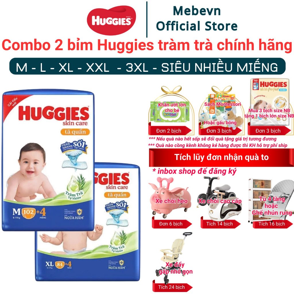 Combo 2 bỉm Huggies tràm trà chính hãng, Huggies tràm trà siêu nhiều miếng size M/L/XL/XL/XXL/XXXL