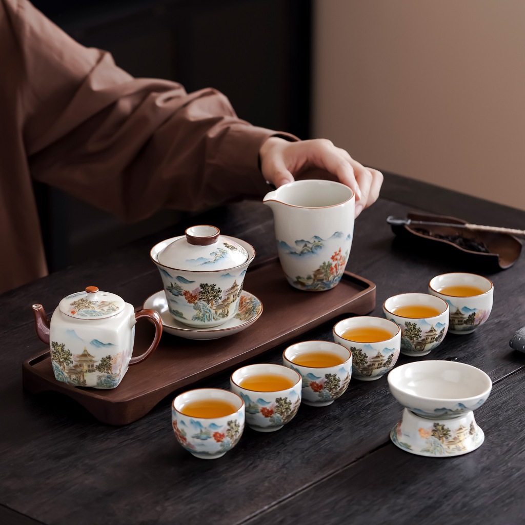 Bộ Ấm Chén Pha Trà Bằng Sứ Cảnh Đức Trấn Men Tro Họa Tiết Sơn Hà Cẩm Tú Kèm Vali Sang Trọng