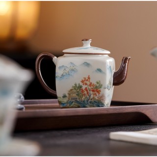 Bộ Ấm Chén Pha Trà Bằng Sứ Cảnh Đức Trấn Men Tro Họa Tiết Sơn Hà Cẩm Tú Kèm Vali Sang Trọng