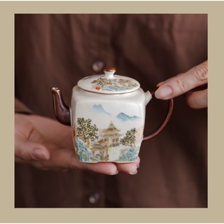 Bộ Ấm Chén Pha Trà Bằng Sứ Cảnh Đức Trấn Men Tro Họa Tiết Sơn Hà Cẩm Tú Kèm Vali Sang Trọng
