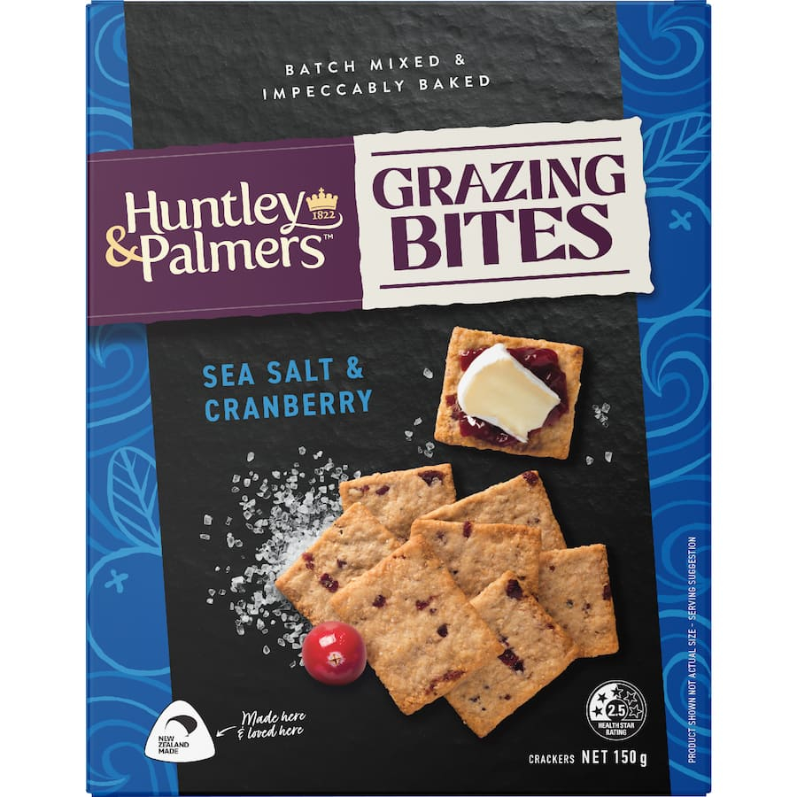 BÁNH CRACKER ĂN KÈM PHÔ MAI / MỨT Huntley & Palmers GRAZING BITES, SeaSaltCranberry / OnionFig, 150g