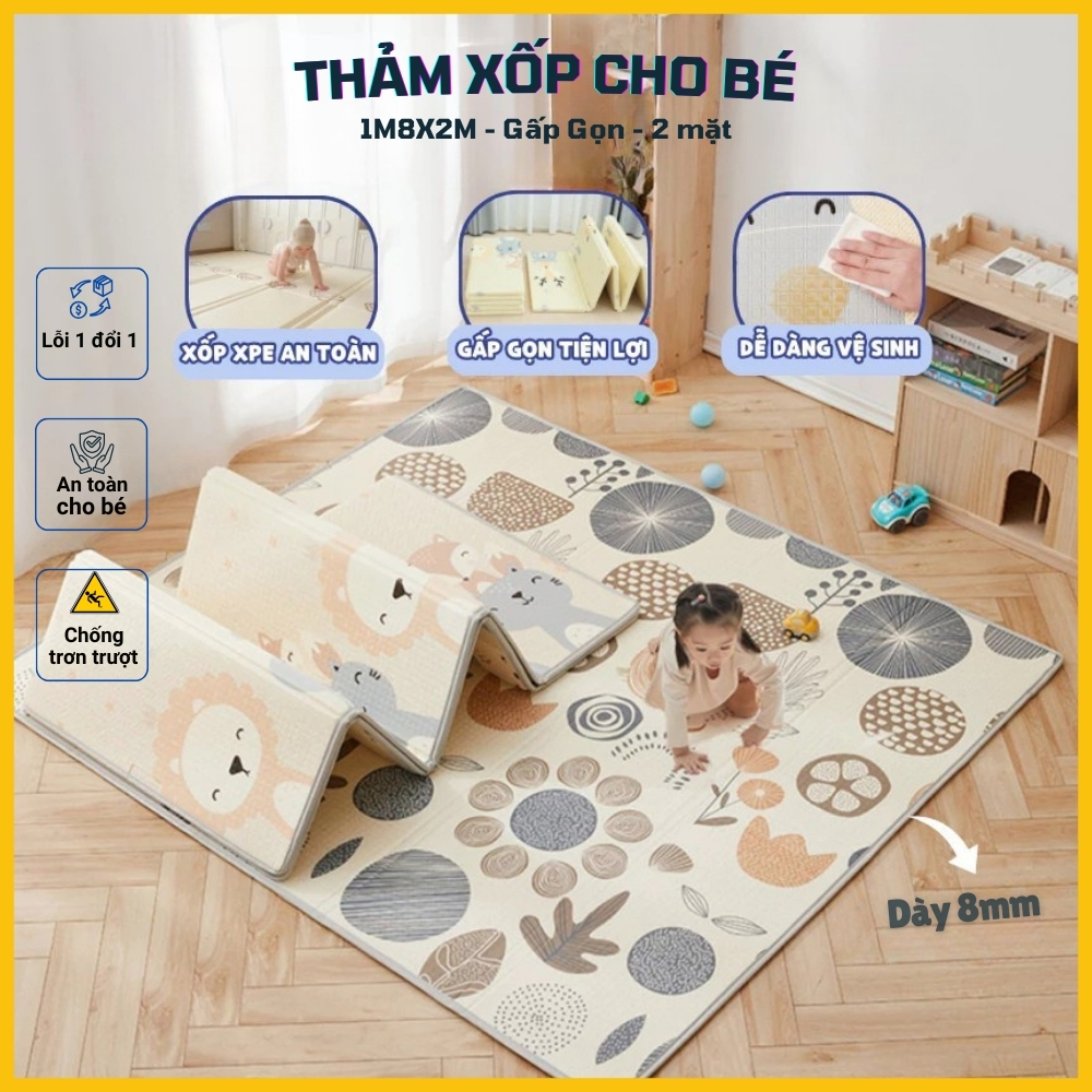 Thảm xốp cho bé gấp gọn 1m8x2m chống thấm chống trơn trượt, thảm chơi cho trẻ hàng chuẩn loại 1