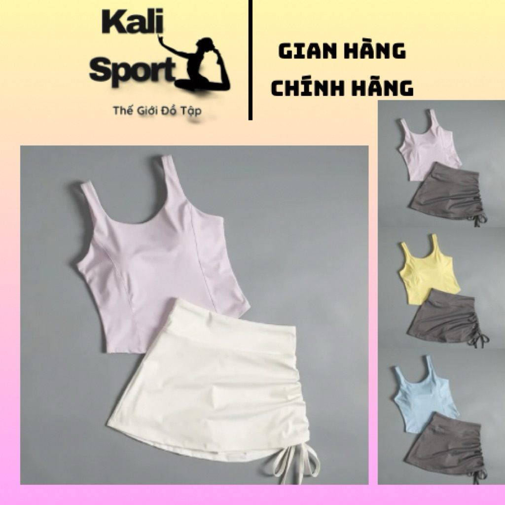 [KALI SPORT] KALI SPORT Set Đồ Tập Thể Thao Nữ Áo Hai Dây Và Chân Váy Dáng Ngắn Rút Dây Phong Cách T