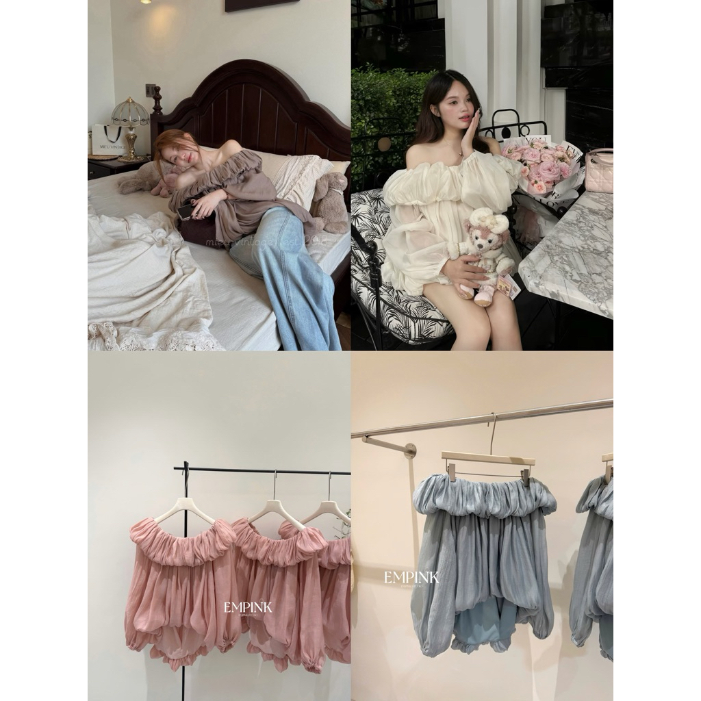 Empink Studio/ Áo Trễ Vai Bồng 2Lớp Bồng 3 Màu