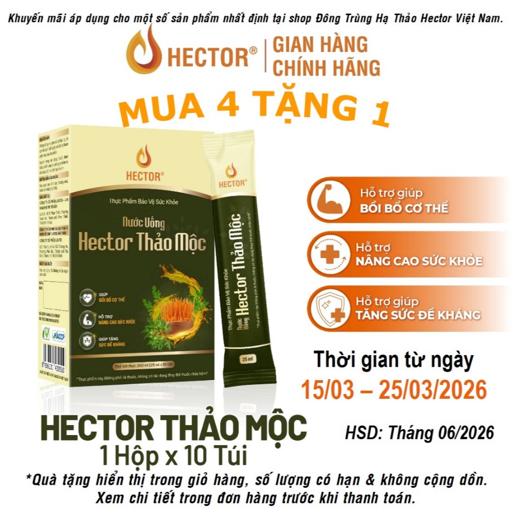 [MUA 4 TẶNG 1] Nước uống đông trùng hạ thảo hector thảo mộc (hộp 10 túi)