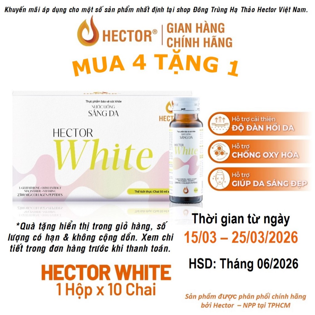 [Mua 4 Tặng 1] Hộp 10 chai nước uống sáng da đông trùng hạ thảo hector white - Date tháng 06/2026
