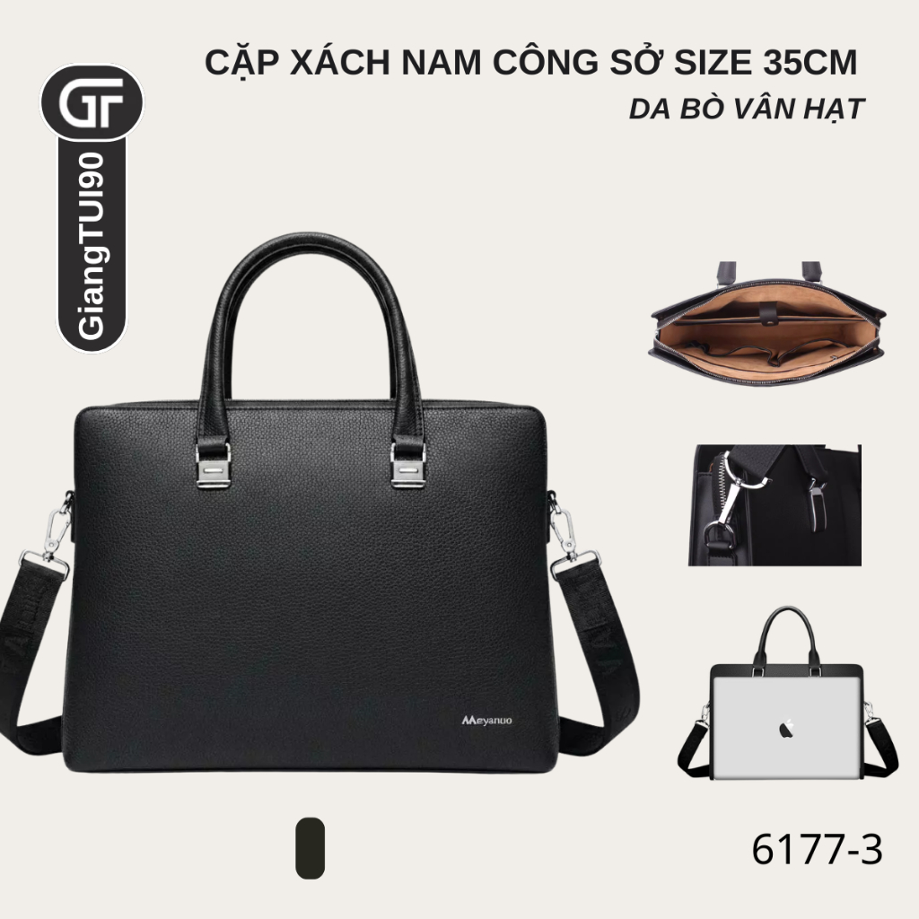 6177-3 Cặp Xách Nam Công Sở Size 35cm Da Bò Vân Hạt – Túi Laptop 14 inch Đi Làm Thời Trang Hàng QCCC | GiangTUI90
