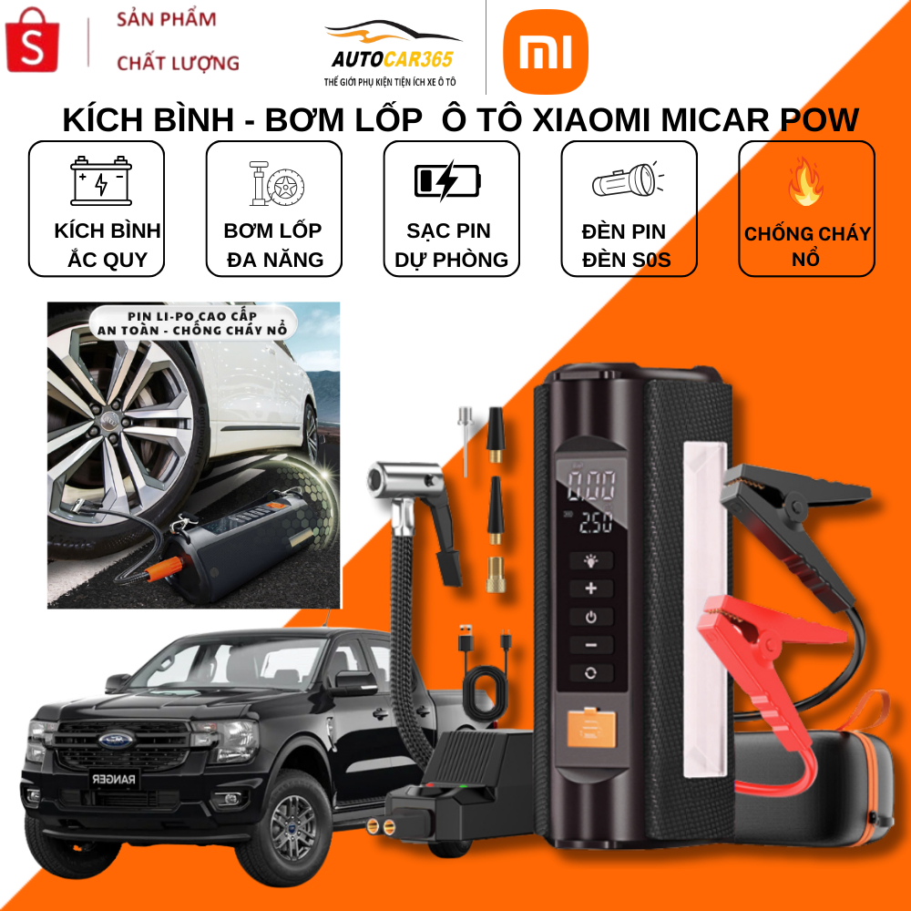 Bơm Xe Ô Tô Xiaomi MICAR POW 5IN1 - Kích Bình Ô Tô, Bơm Lốp Ô Tô, Sạc Dự Phòng, Đèn Pin, S0S BH 12T