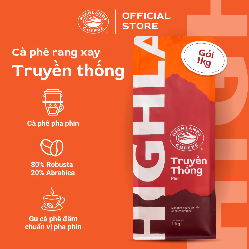 Cà phê bột Truyền thống Highland Coffee 1KG 80% Robusta – 20% Arabica