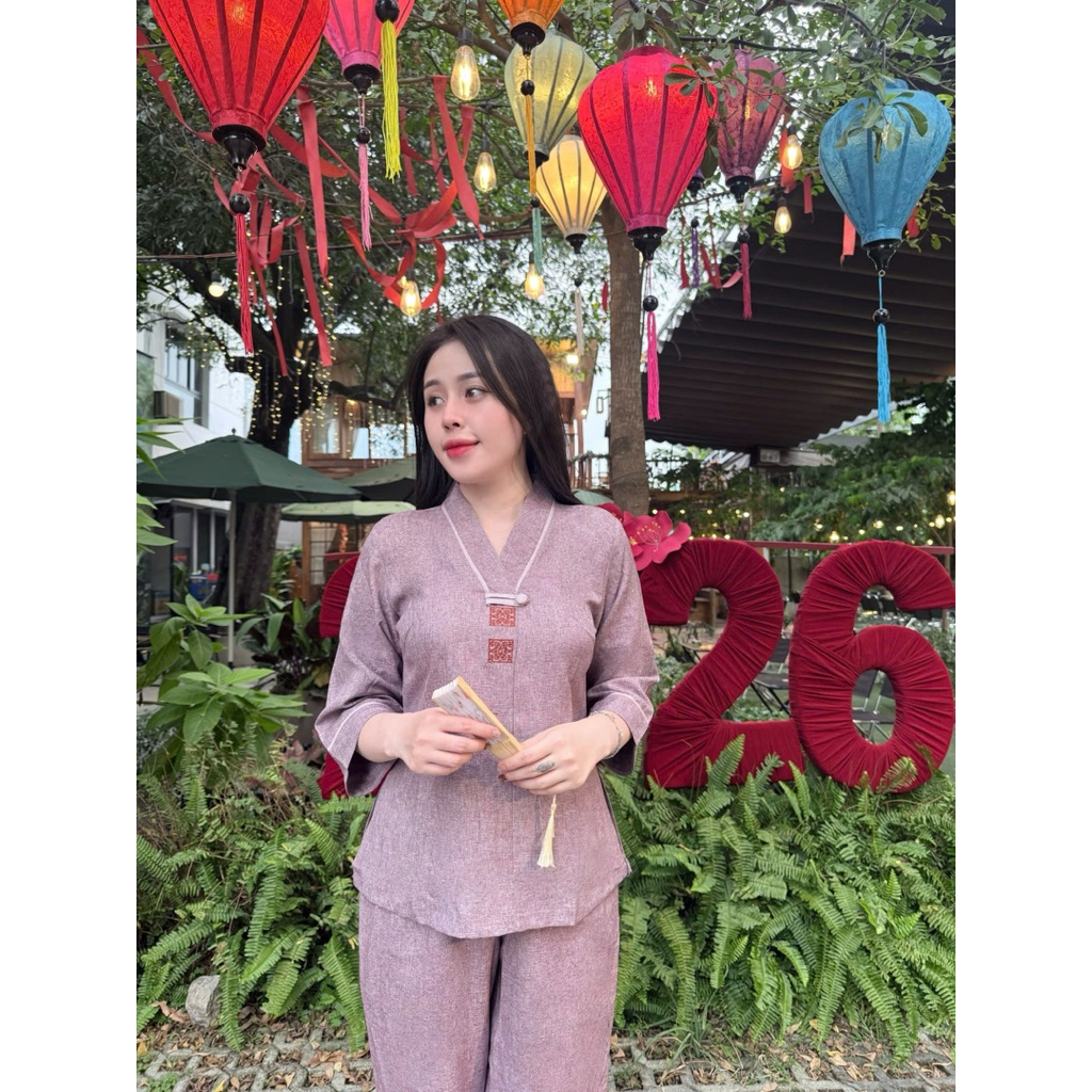 pháp phục cổ V kim tiền linen, thời trang nữ đi chùa