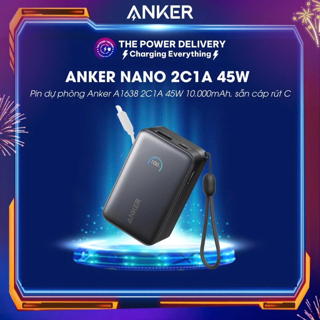 Pin Sạc Dự Phòng Anker Nano 2C1A 45W 10.000mAh (Sẵn cáp rút USB-C) Sạc 3 Thiết Bị - A1638 Bảo hành 1