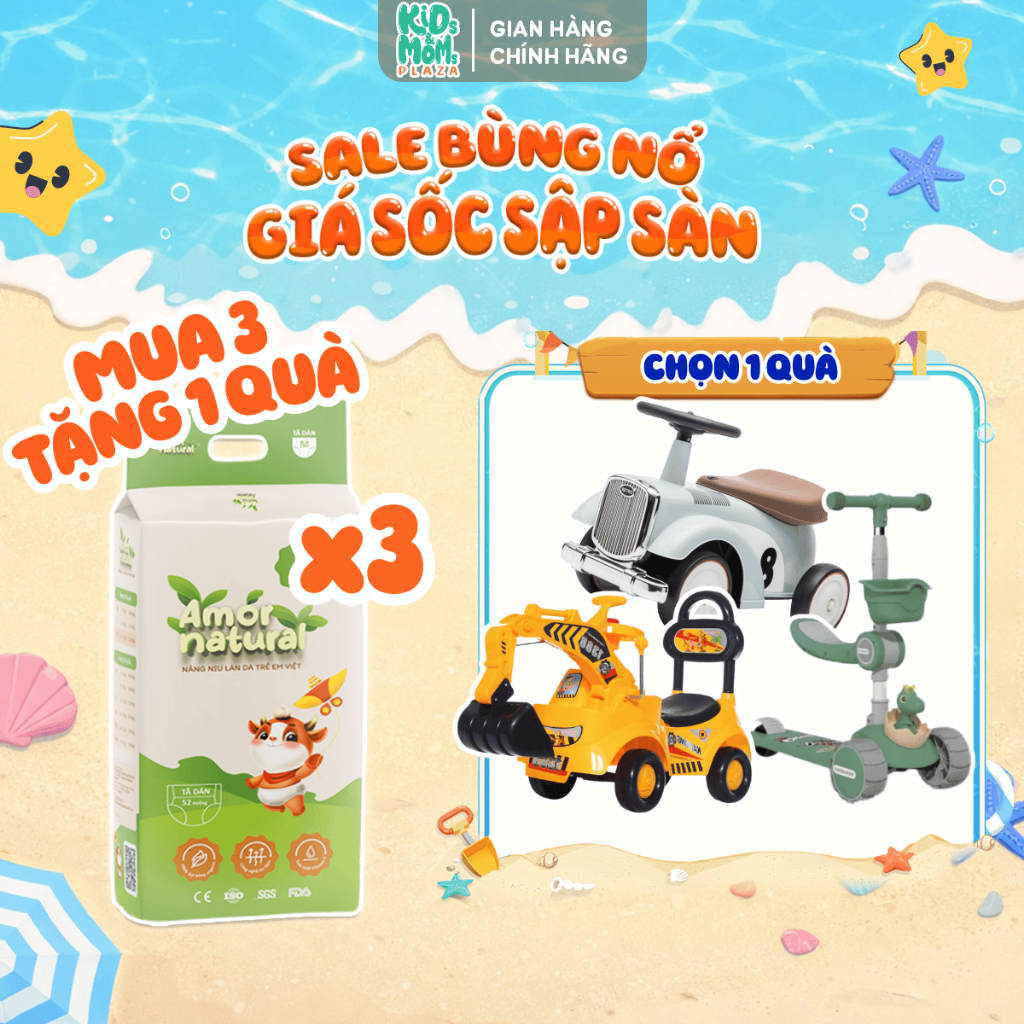 (3A) [COMBO SIÊU XE] COMBO 3 bịch tã/bỉm Amor Natural Việt thấm nhanh, thoáng mát đủ size NB/S/M/L/X