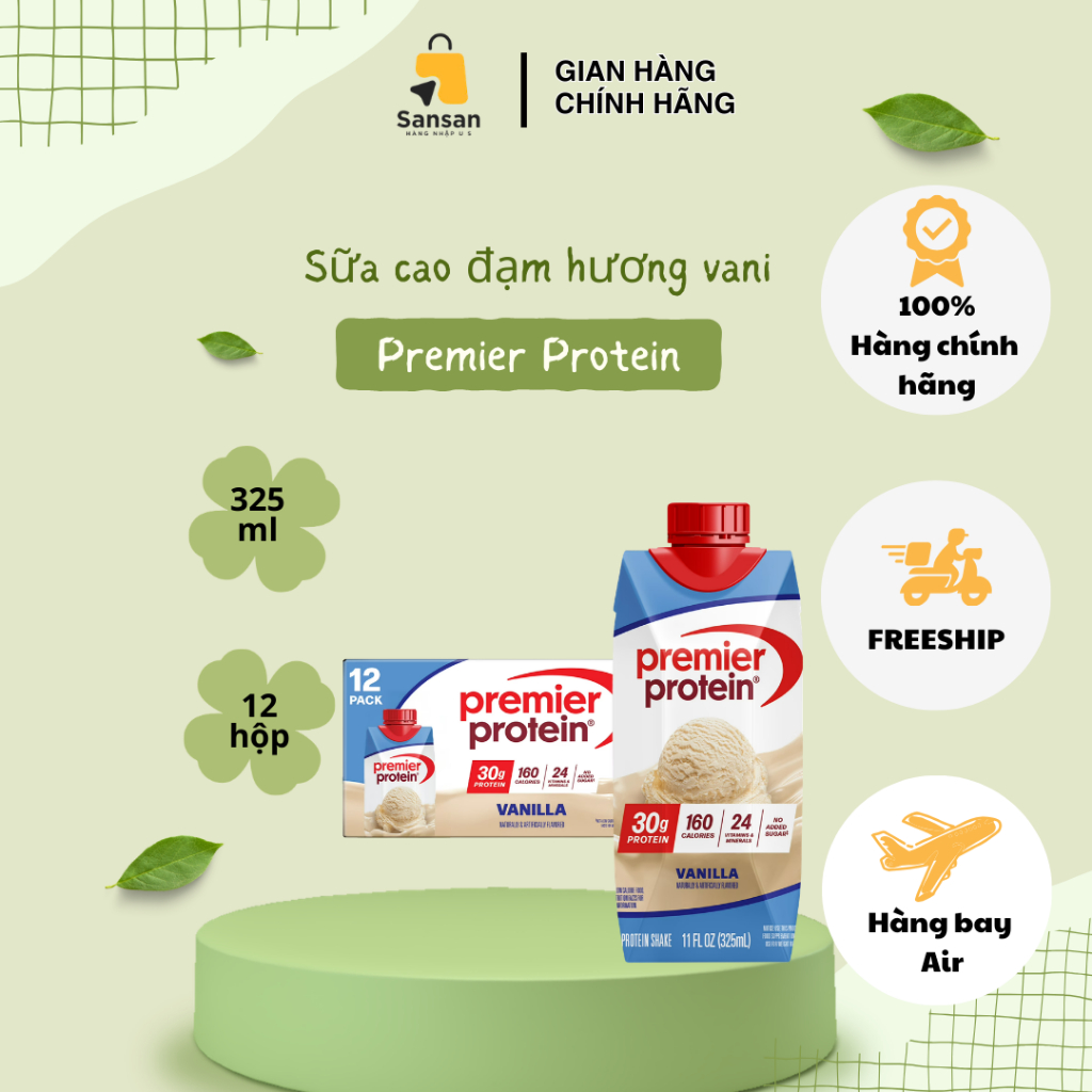 Sữa cao đạm Premier Protein Shake 30g protein, hương Vani, 12 hộp - Nội địa Mỹ