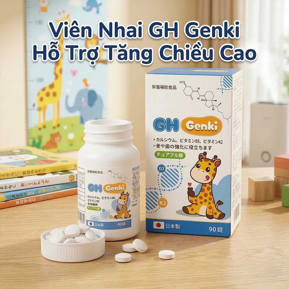 Viên Nhai Canxi GH Genki Nhật Bản 90 Viên – Bổ Sung Canxi, Vitamin D3, Lysine Cho Trẻ Từ 2 Tuổi