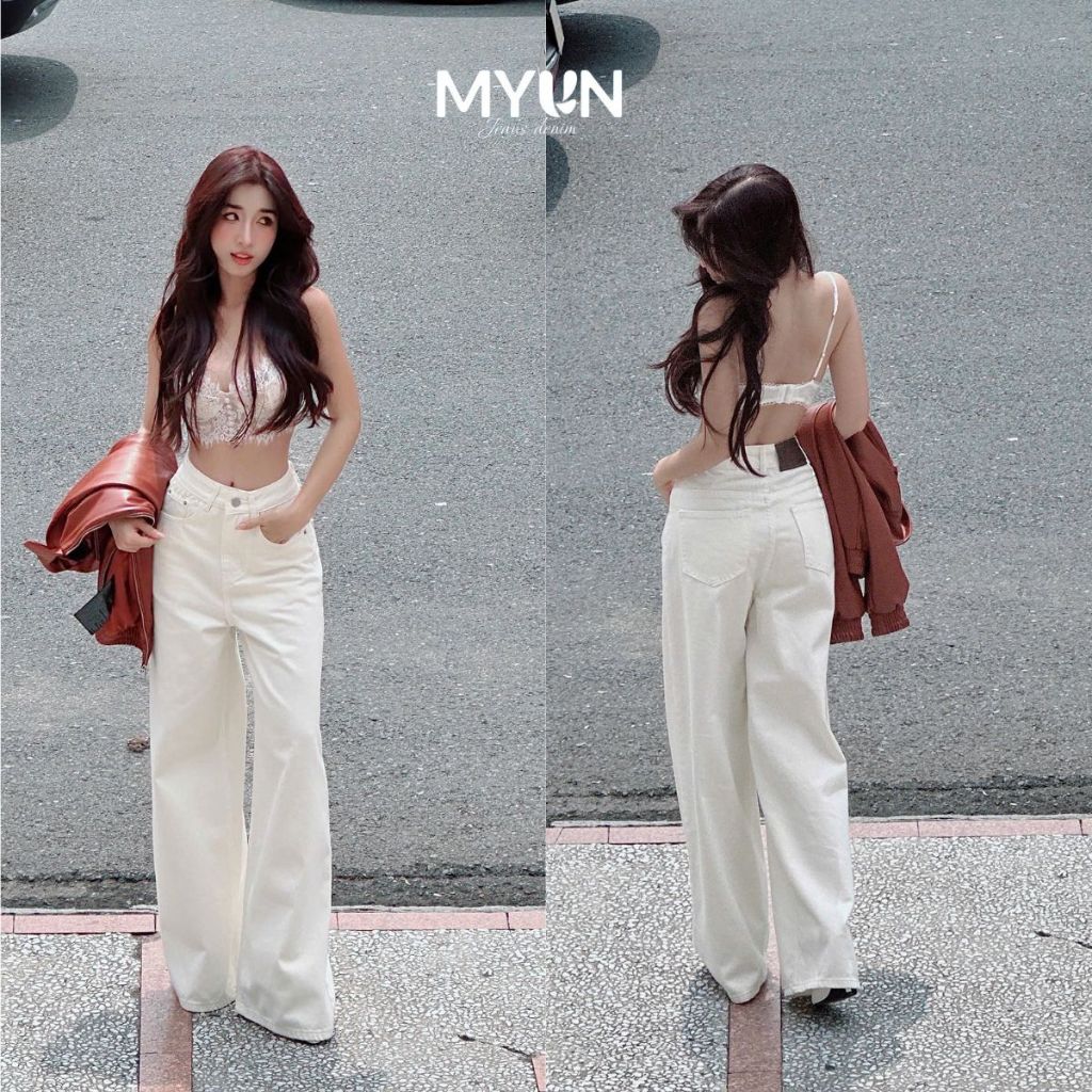 MYUN - Quần Jean Nữ ống rộng Loe, ống 34cm, cạp cao tôn dáng, quần bò loe denim Trắng vải cotton JL0