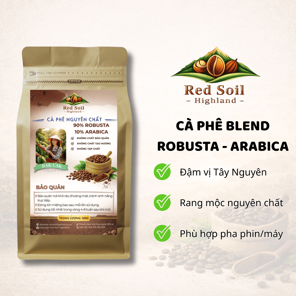 Red Soil Highland BLEND COFFEE - 90% ROBUSTA 10% ABARICA RANG VỪA, cà phê mộc, rang xay nguyên chất