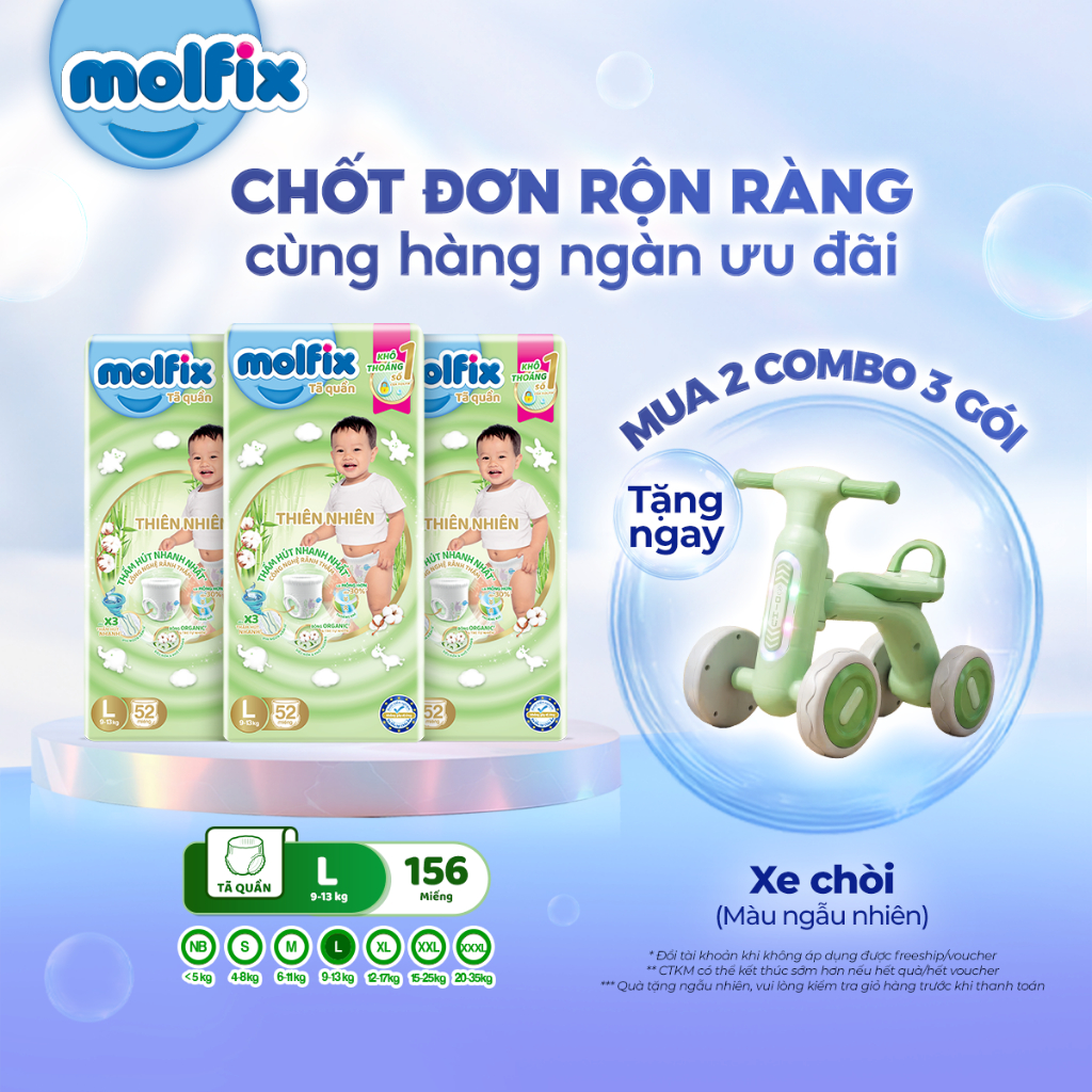 [Mua 2 combo 3_ Tặng Xe Chòi] Combo 3 Tã/bỉm quần Molfix Thiên nhiên Super Jumbo size M/L/XL/XXL