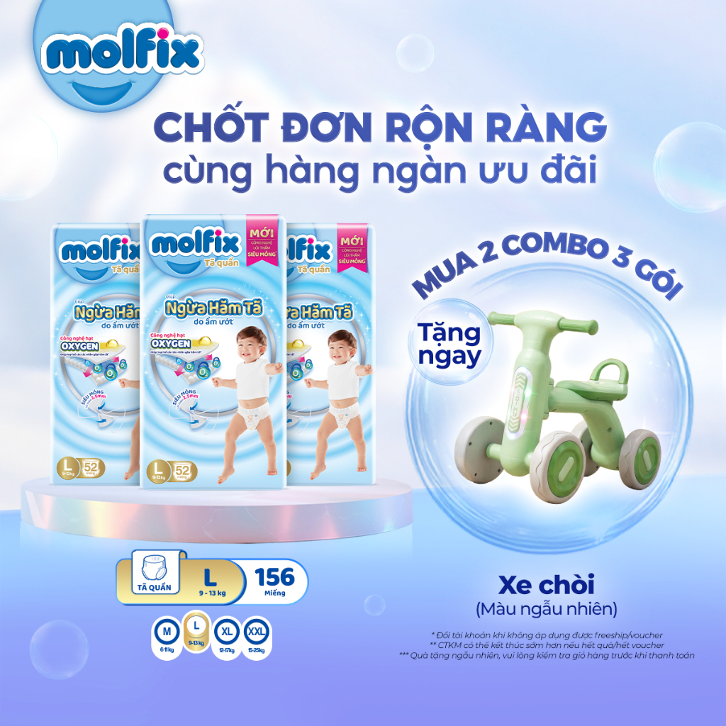 [Mua 2 combo 3_ Tặng Xe Chòi] Combo 3 Tã/bỉm quần Molfix Oxy Super Jumbo giúp Ngừa Hăm Tã đủ size M,L,XL,XXL