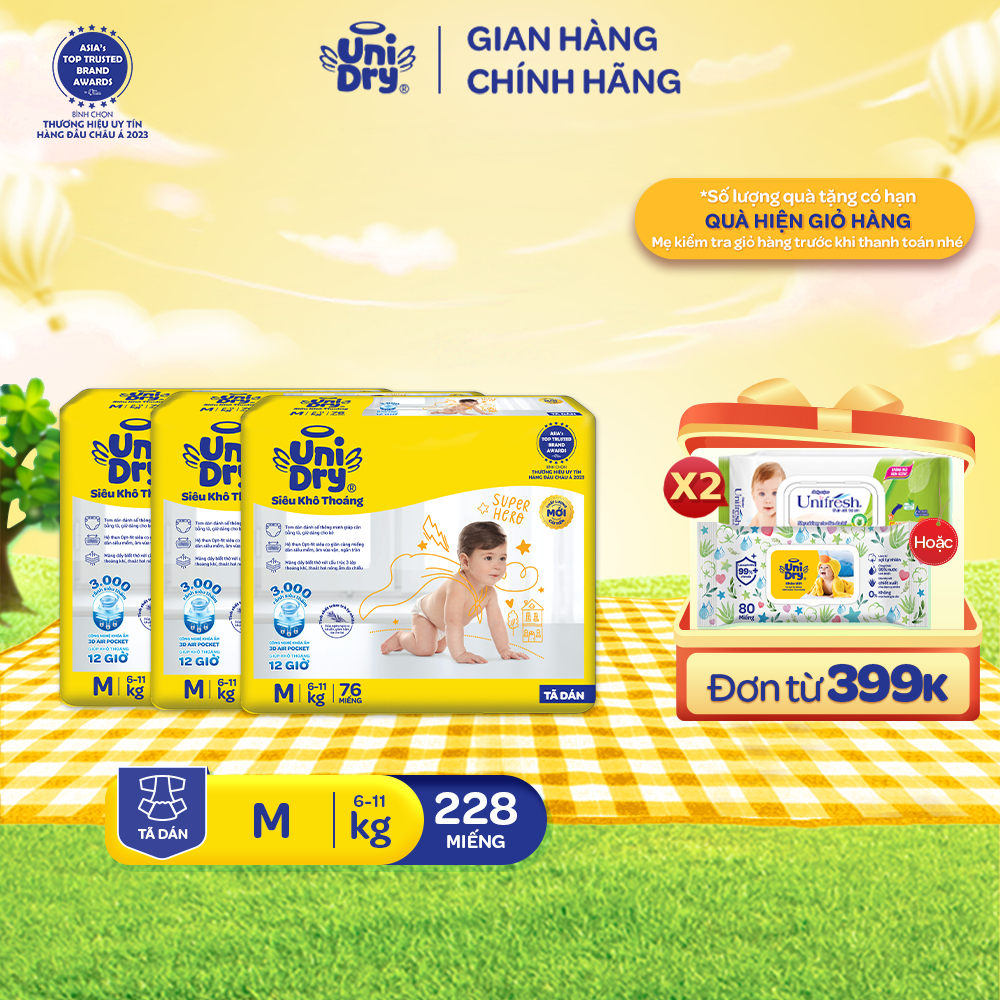 [HỎA TỐC] Combo 3 Tã dán UniDry Siêu khô thoáng gói Super Jumbo mới size M76/L68/XL62