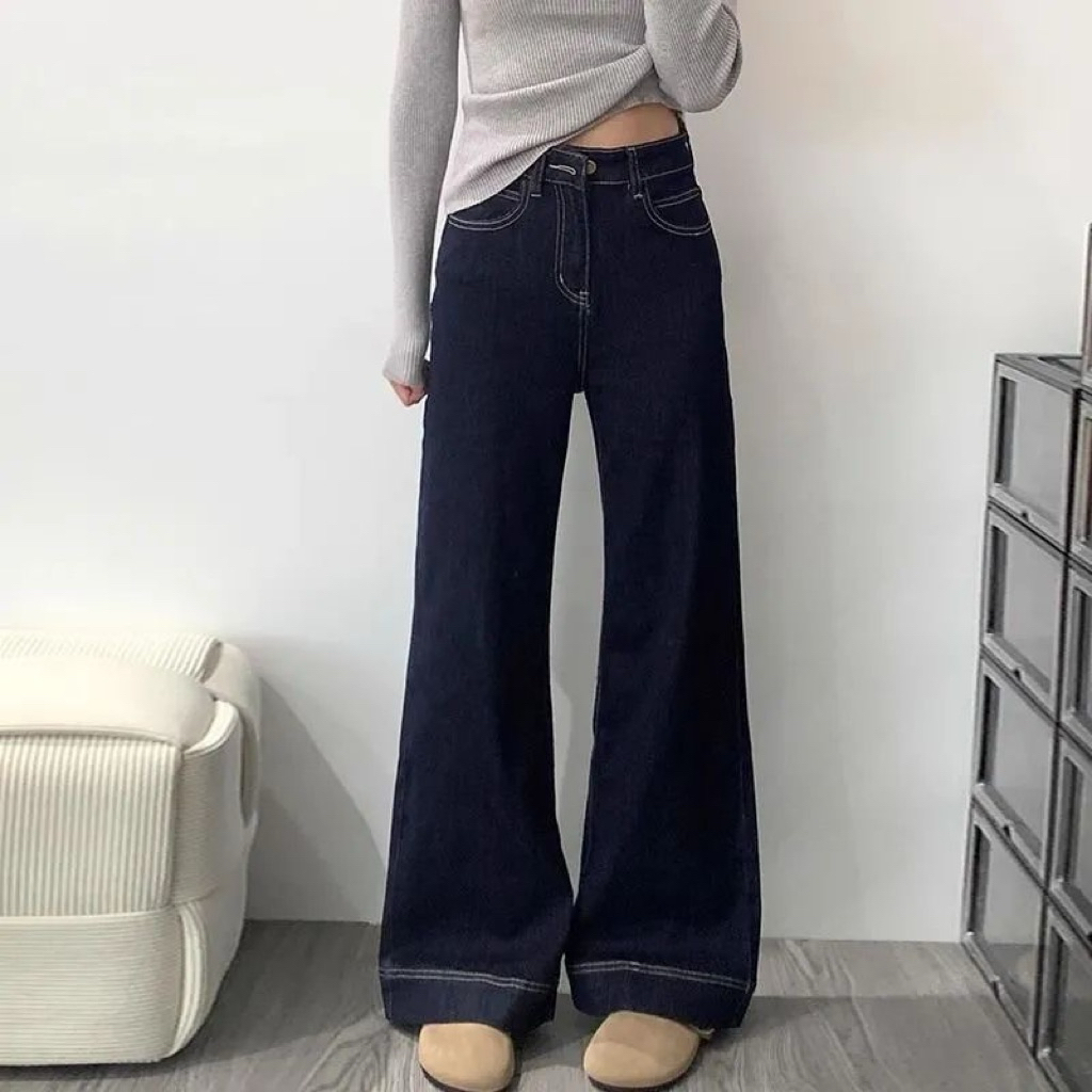 Quần jeans nữ xanh Hera ống rộng lưng cao, quần bò nữ đứng thời trang ulzzang 2024