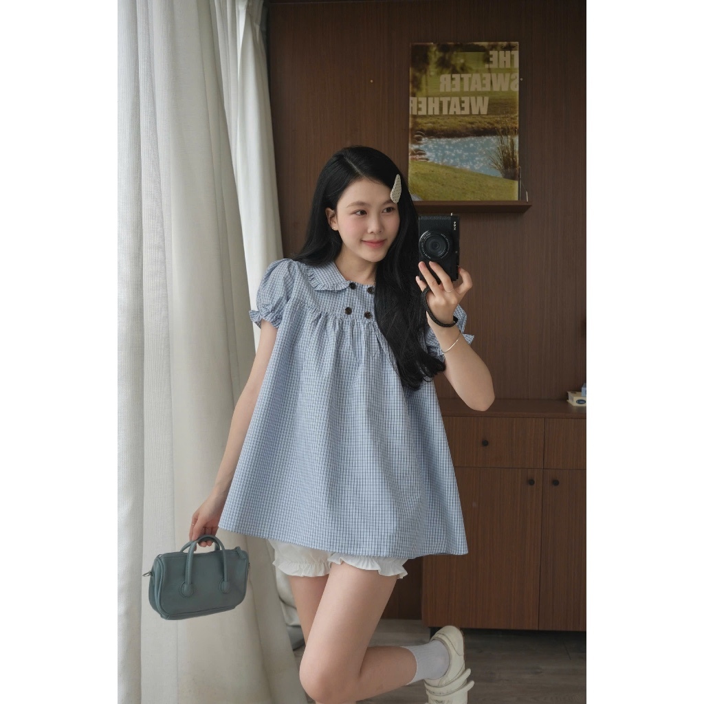 Set Áo BabyDoll Kẻ Sọc Caro Cổ 4 Cúc Kèm Quần Bí Nữ Dáng Siêu Xinh - Set Nữ Siêu Xinh Mặc Hàng Ngày 