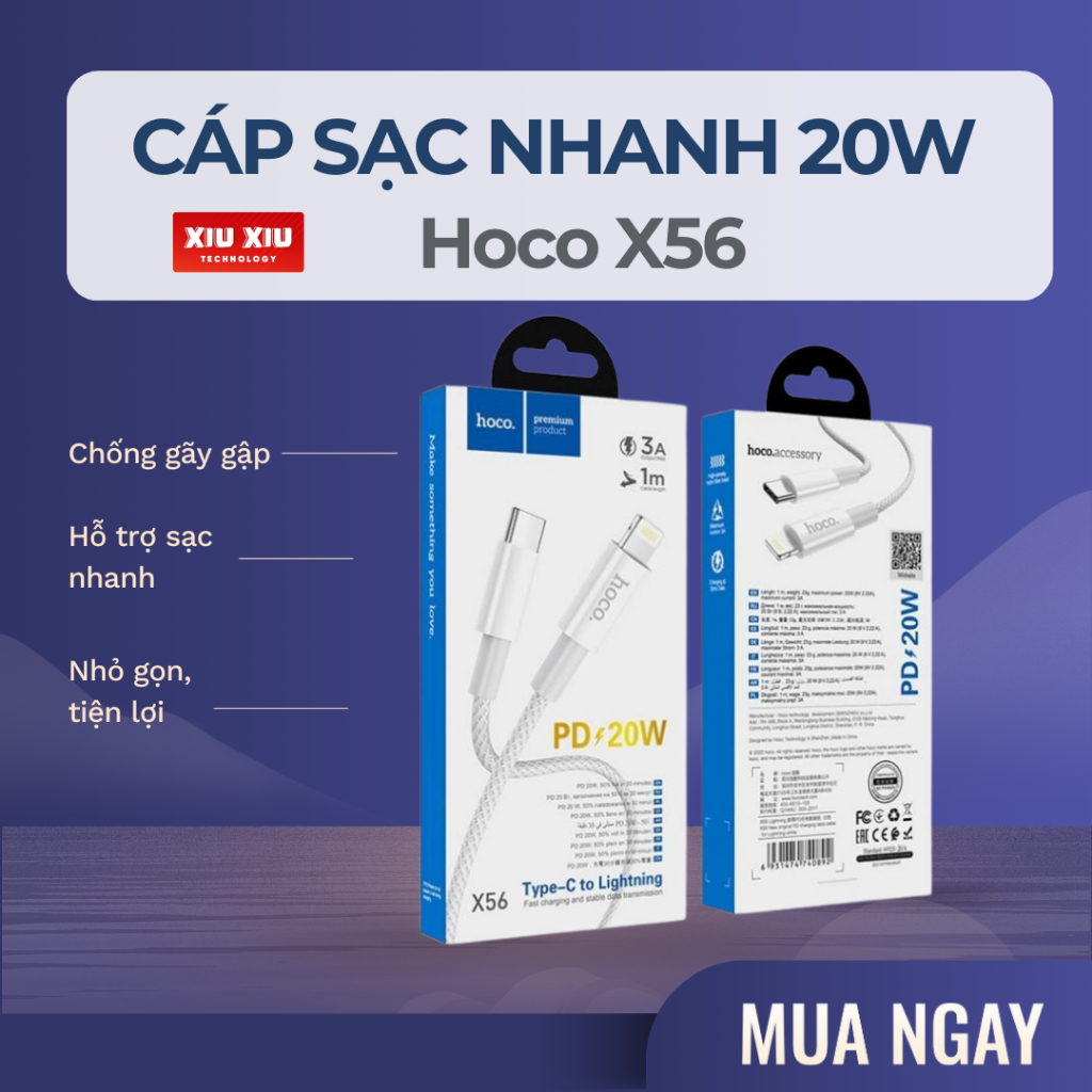 Cáp sạc nhanh 20W Hoco X56 C to L