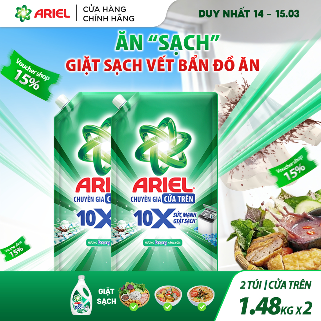 COMBO 2 Nước Giặt Cửa Trên ARIEL 10X Giặt Nhanh 1.48KG X2