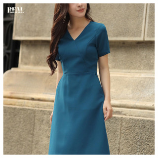 Đầm công sở cổ V tay ngắn Sarah xanh cổ vịt REAL CLOTHES, CÓ TÚI, có lót, tùng váy A che bụng