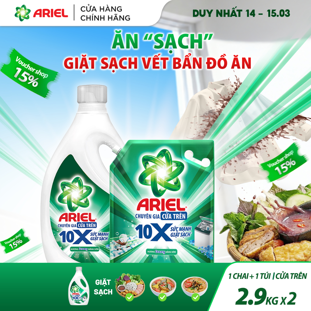 [ƯU ĐÃI] Combo Chai nước giặt Ariel Gel Cửa Trên 10X 2.9KG + 1 Túi nước giặt 10x Cửa Trên 2.9kg