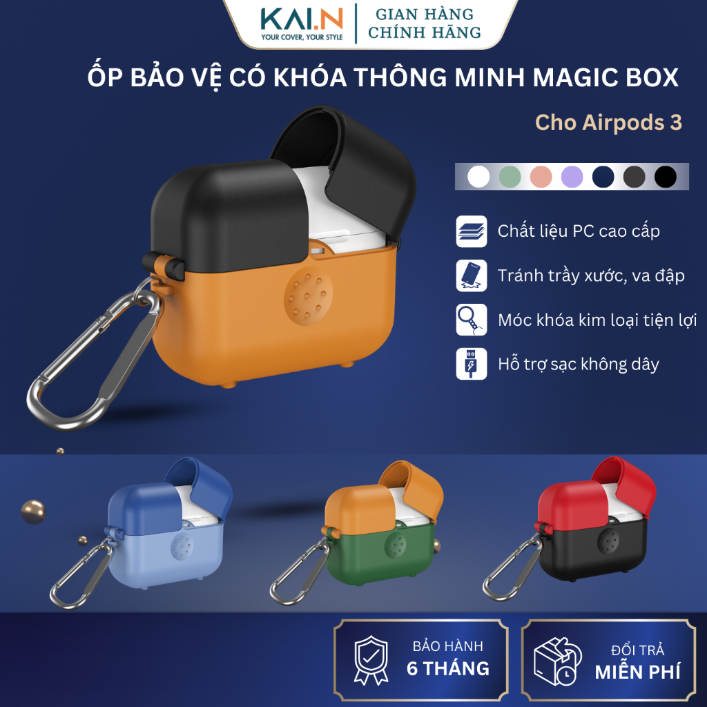 Ốp Airpods 3 Kai.N Magic Box Cho kiểu dáng độc đáo kèm móc treo thép- Case Airpods 3