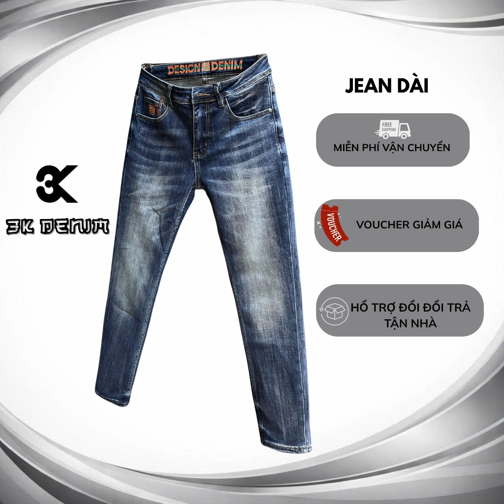 [3K DENIM] Quần Jean Denim Guangzhou J4008-3K1944 Nam Dài Màu Xanh Was Túi Thêu Viền Cam Mẫu Mới