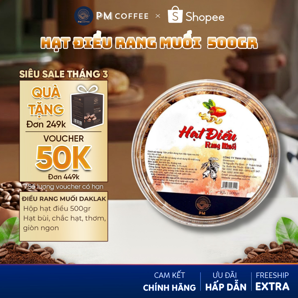 Hộp 500Gr điều rang muối PM Coffee, đặc sản Daklak