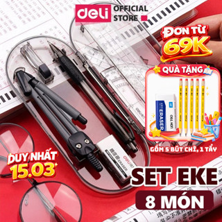 [TẶNG QUÀ 25.03] Bộ thước kẻ compa eke Deli 8 món chuyên dụng cụ học tập cho học sinh kèm ruột chì đồ dùng học tập