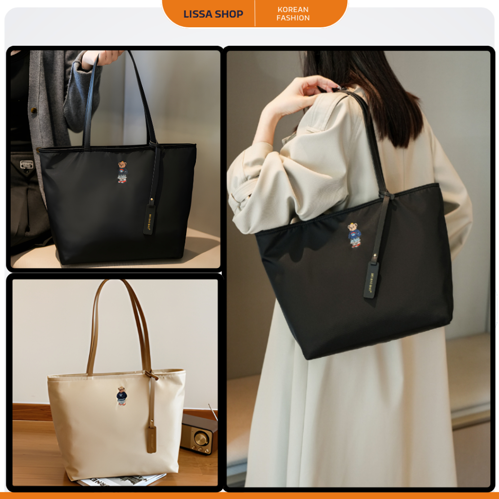 [Chính hãng] Túi tote Bei Bag họa tiết gấu thêu basic chất liệu dù cao cấp 2025
