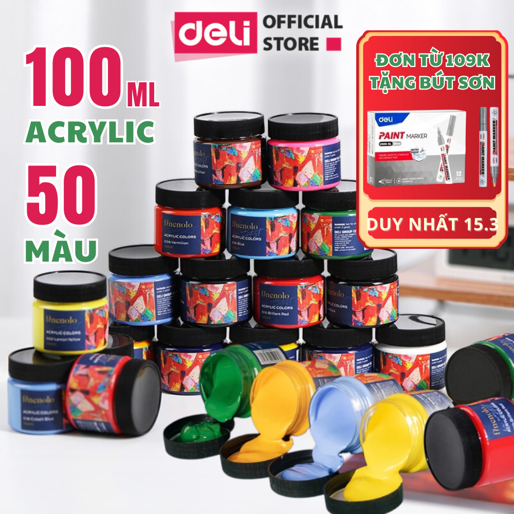 [TẶNG KHAY PHA MÀU] Màu Acrylic 100ml Cao Cấp Deli Dạng Hũ Finenolo - Tô Đất Sét Đất Nặn Vẽ Mọi Chất Liệu Che Phủ Cao