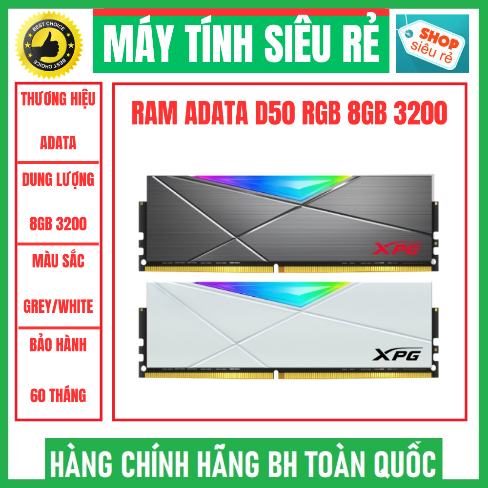 Ram máy tính PC ADATA XPG D50 RGB 8GB - 16GB 3200 Grey/white hàng mới chính hãng bảo hành 60 tháng