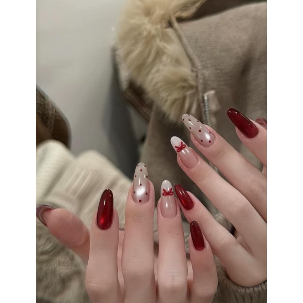 Nailbox đỏ mắt mèo phom oval số 1 mix nơ đỏ tặng kèm keo dũa ib đổi phom