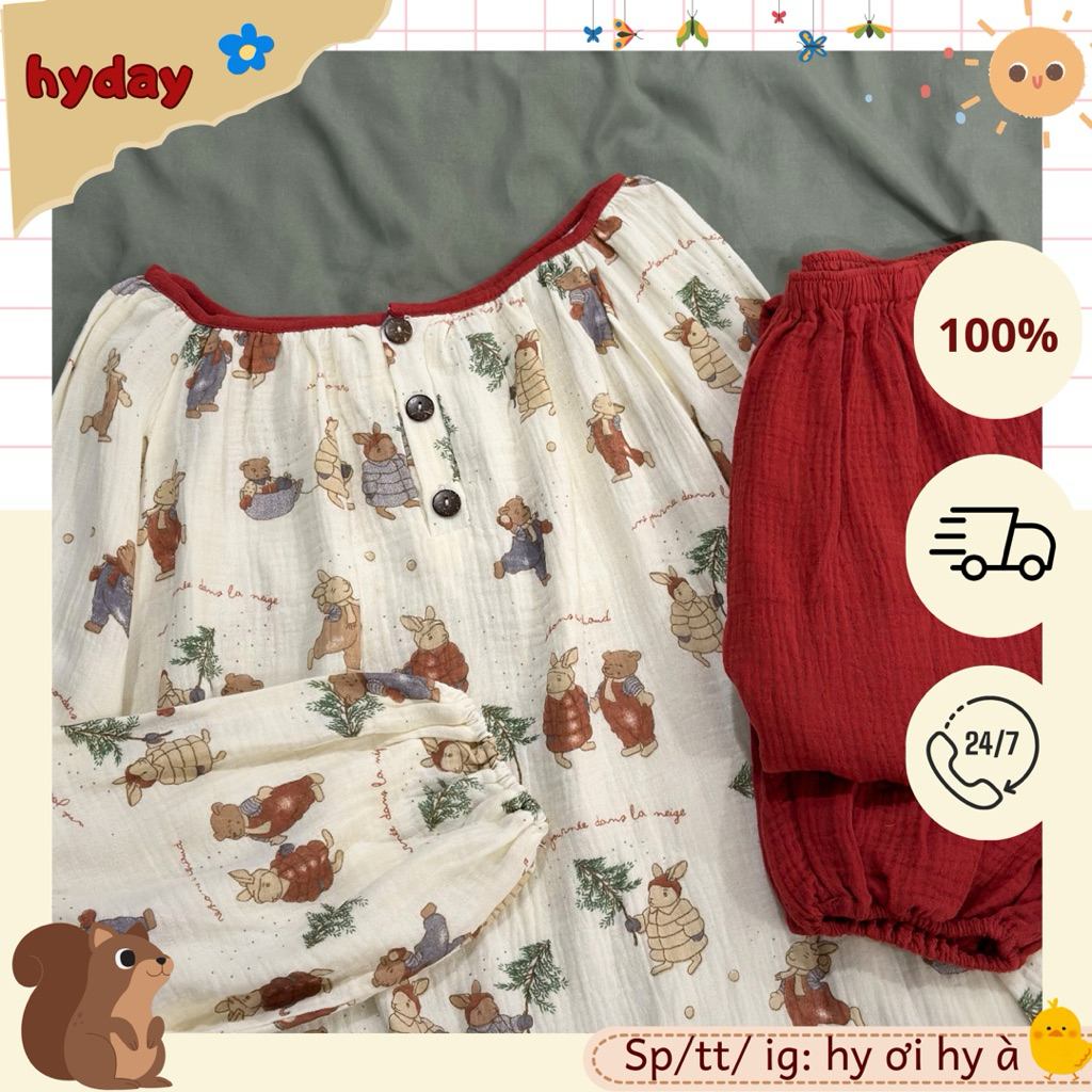 Bộ đồ ngủ nữ dáng dài xô muslin, pijama áo dài quần dài đỏ đô hoạ tiết Thỏ Noel Hyday Muslin